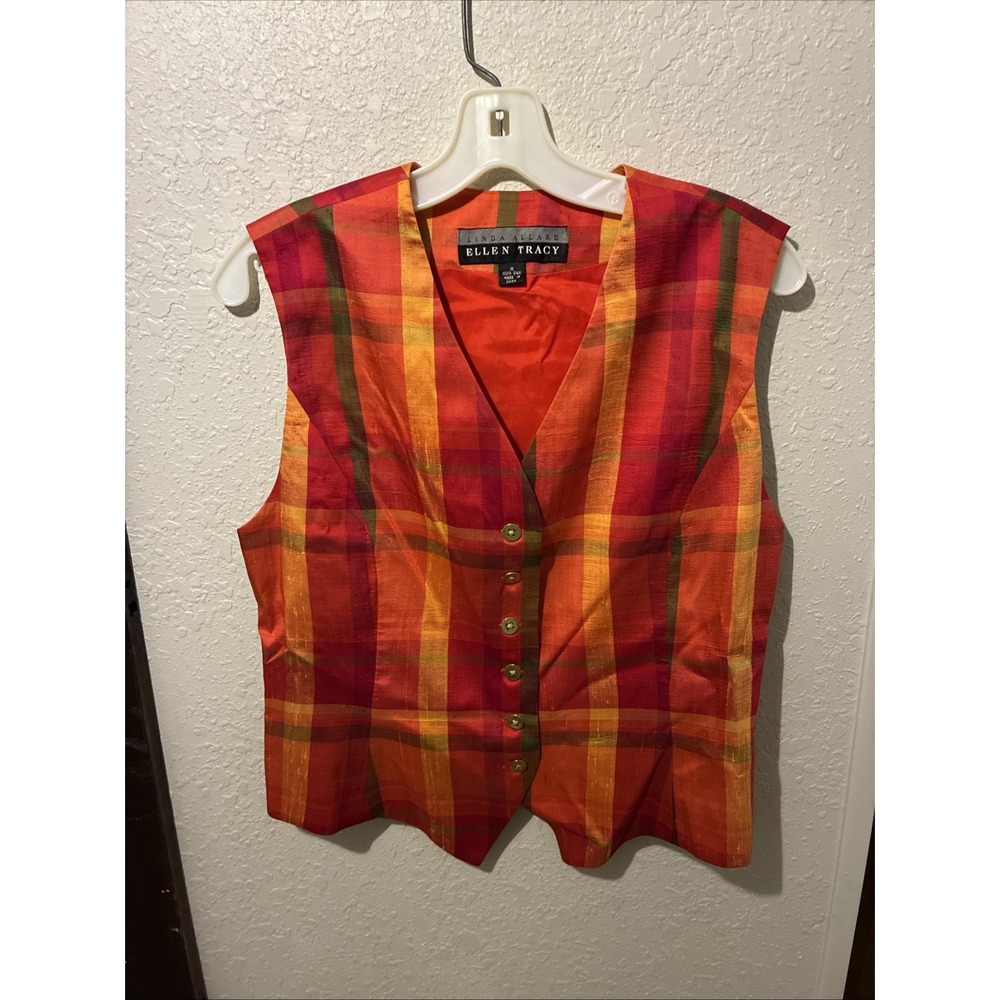 vtg linda allard ellen tracy size 10 vest 100% silk vest orange/reds lined
